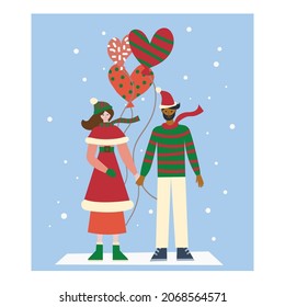 Christmas happy romantic couple in boho colors flat style. Vector design for web, print, poster, illustration, etc. 