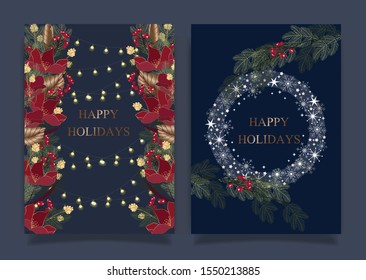 Christmas and happy season greeting card set. Gold, blue, red, white colors. Gift tags with gold glitter texture. Snowflakes and Christmas tree patterns.