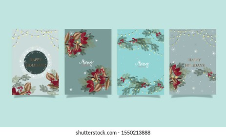 Christmas and happy season greeting card set. Gold, blue, red, white colors. Gift tags with gold glitter texture. Snowflakes and Christmas tree patterns.