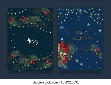 Christmas and happy season greeting card set. Gold, blue, red, white colors. Gift tags with gold glitter texture. Snowflakes and Christmas tree patterns.