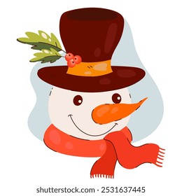 Christmas happy snowman character with big hat on his head. Cute avatar for profile. 