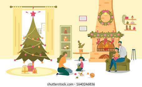 Christmas Happy Time, Parents Play with Children. Family in Living Room with New Year's Decorations. Christmas Tree with Star. Mom Strokes Cat, Daughter Unpacks Gift. Dad and Son Kneeling in Chair