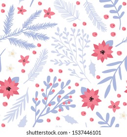 Christmas and happy year seamless pattern with floral botanical decorations that can be used for wrapping paper, wallpaper, fabric, packaging, textile print background design. Vector illustration.