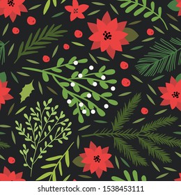 Christmas and happy year seamless pattern with floral botanical decorations that can be used for wrapping paper, wallpaper, fabric, packaging, textile print background design. Vector illustration.