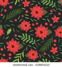 Christmas and happy year seamless pattern with floral botanical decorations that can be used for wrapping paper, wallpaper, fabric, packaging, textile print background design. Vector illustration.
