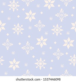 Christmas and happy year theme seamless pattern with white falling snow and snowflakes that can be used for wrapping paper, fabric, packaging, textile print background design. Vector illustration.