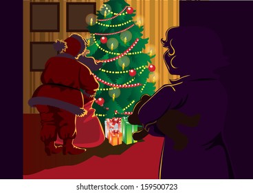 Christmas has come Room decorated Christmas tree, Santa Claus with a bag and a child who looks at him from behind the door