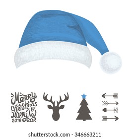 Christmas hat or blue cap. Merry Christmas and Happy New Year text. Christmas typography. Merry Christmas lettering with deer, christmas tree, cap and arrow. 