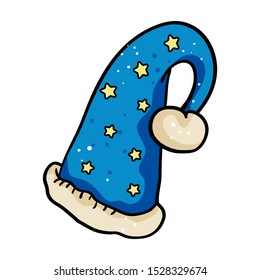 Christmas hat with blue stars. Christmas Santa Claus Hat With Fur. New Year. Winter Cap. Vector illustration.