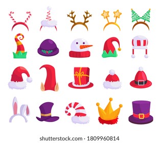 Christmas hat. Carnival cap, festive mask isolated icon set illustration. Vector christmas or new year holiday attribute collection. Elf, Santa Claus, reindeer, snowman, bunny vector masquerade hat