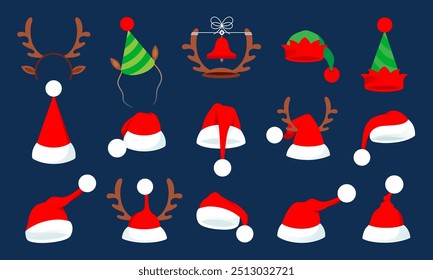 Christmas Hat Collection. Flat Style Vector Illustrations