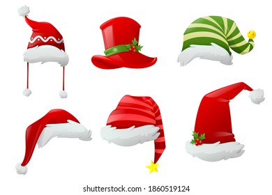 Christmas hat collection. Hats of different Christmas characters. Big set of realistic Santa hats isolated on white background. Cartoon new year face masks. Vector illustration