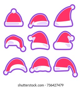 Christmas hat collection. Santa Claus hats set. Happy New Year and Merry Christmas decoration element. Vector illustration.