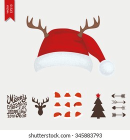 Christmas hat with deer horns for your design. Merry Christmas and Happy New Year text. Christmas typography. Vector illustration of Merry Christmas lettering with deer, christmas tree, cap and arrow.