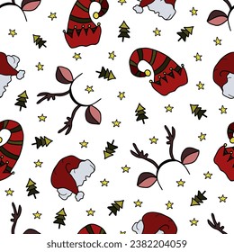 Christmas Hat, elf hat, Headbands with toy reindeer horns, fir trees and stars Colorful Doodle Seamless Pattern. Hand Drawn Christmas headdresses on white background.
