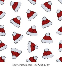 Christmas Hat, elf hat, winter hat Colorful Doodle Seamless Pattern. Hand Drawn Christmas headdresses on white background.