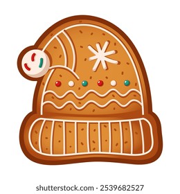 Christmas hat gingerbread biscuit flat color vector object. Tasty cookie adorned with colorful glaze illustration on white background