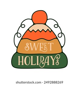 Christmas Hat Label, Sticker, Stamp and Badge Design Elements in retro style. New Year holiday elements isolated on white background. Vector illustration