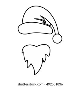 Christmas hat and long beard of Santa Claus icon in outline style isolated on white background. New year symbol vector illustration