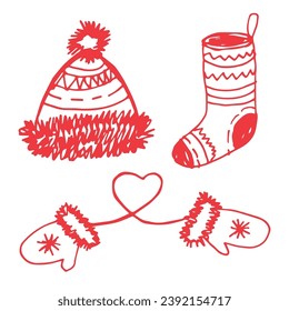 Christmas hat, mittens and sock scribbles clipart. Hand drawn winter doodles line art. Outline vector illustration.