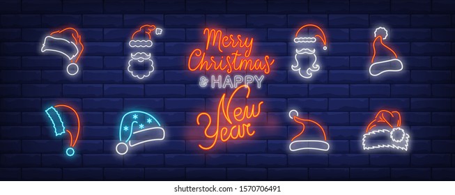 Christmas hat neon sign set. Red Santa Claus cap, beard, moustache, fur. Vector illustration in neon style, bright banner for topics like Xmas, costume, December holidays