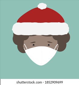 Christmas hat on a mixed race girl with afro hair wearing white face mask