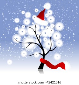 Christmas hat on winter tree
