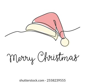 Christmas hat One continuous line drawing vector on a white background. Lettering Merry Christmas quote