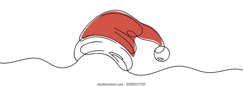Christmas hat one line drawing on a white background. Vector illustration.