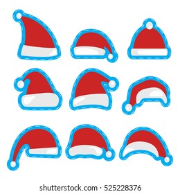 Christmas hat patch design. Printing and badge applique label t-shirts, jeans, casual wear. Santa Claus hats. Happy New Year and Merry Christmas decoration element. Vector illustration.