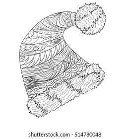 Christmas hat with pattern for adult coloring book, greeting card, zen art isolated on the white background