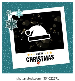 Christmas Hat, photo frame with Snowflake border and creative typography in footer on glowing Vector background