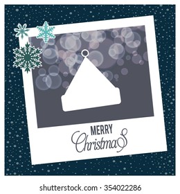 Christmas Hat, photo frame with Snowflake border and creative typography in footer on glowing Vector background