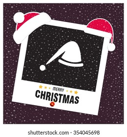 Christmas Hat. Picture frame with Santa Hat on top and Merry Christmas typography on glowing Snowflakes Vector background
