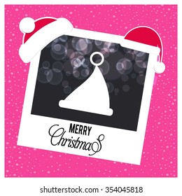 Christmas Hat. Picture frame with Santa Hat on top and Merry Christmas typography on glowing Snowflakes Vector background