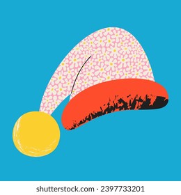 Christmas hat with print. Template for card, poster, banner, paper, fabric, textile. Vector illustration on an isolated background in a modern style.