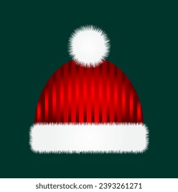 Christmas hat, red beanie with stripes and fluffy pom pom, vector illustration.