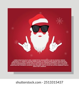 Christmas hat and Santa Claus white beard and sunglasses. Merry Christmas card