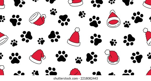 Christmas hat seamless pattern dog paw footprint vector Santa Claus cartoon tile background repeat wallpaper illustration gift wrapping paper scarf isolated design