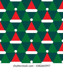 Christmas hat seamless pattern. Holiday background with red Santa hat and green tree in abstract geometric style. Vector textile design.