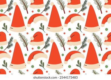 Christmas hat seamless pattern vector Santa Claus and branches cartoon tile background repeat wallpaper illustration gift wrapping paper scarf isolated design on white .