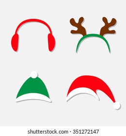 Christmas hat set. Antlers of a deer Red Headphones Isolated White background Flat design Vector illustration