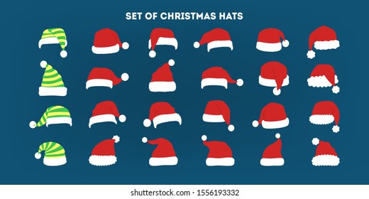 Christmas hat set. Collection of Santa Claus decoration for photo booth. Holiday party concept. Isolated flat vector illustration