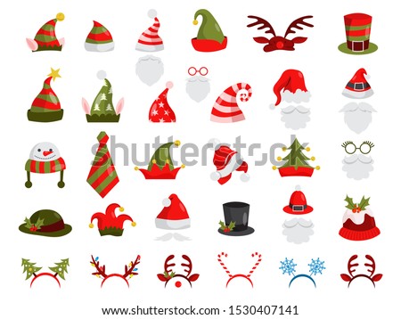 Christmas hat set. Collection of Santa Claus decoration for photo booth. Holiday party concept. Isolated flat vector illustration