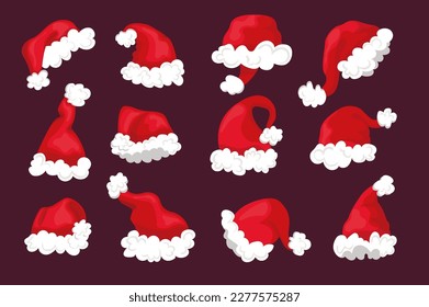 Christmas hat set concept in the flat cartoon design on the dark background. Image of Christmas hats that are usually worm by Santa Clauses. Vector illustration.