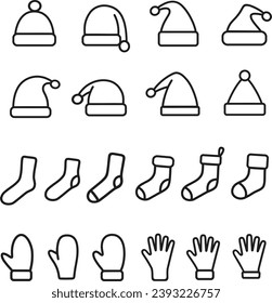 Christmas hat, sock, mitten line icon. Holiday knitted accessories set. Linear symbol Outline signs pack. Editable Happy New Year vector illustration.