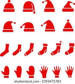 Christmas hat, sock, mitten solid icon. Holiday knitted accessories set. Symbol collection. Editable stroke. Happy New Year signs vector illustration.