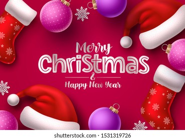 Christmas hat and sock vector banner. Merry christmas greeting text for holiday season with xmas elements like santa hat, socks, balls, and snowflakes. Vector Illustration.
