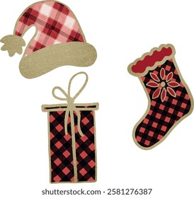 Christmas hat, stocking, gift box, tartan plaid, gold, red, cage. Christmas ornaments, Christmas Eve, Christmas toys, festive, decoration. Vector, set, collection. Watercolor, Vintage. Greet