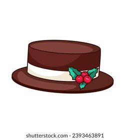 Christmas hat vector illustration. Cartoon isolated Xmas retro sticker and photo booth props, brown bowler hat with mistletoe leaf and berry decoration on tape for fun carnival party and celebration